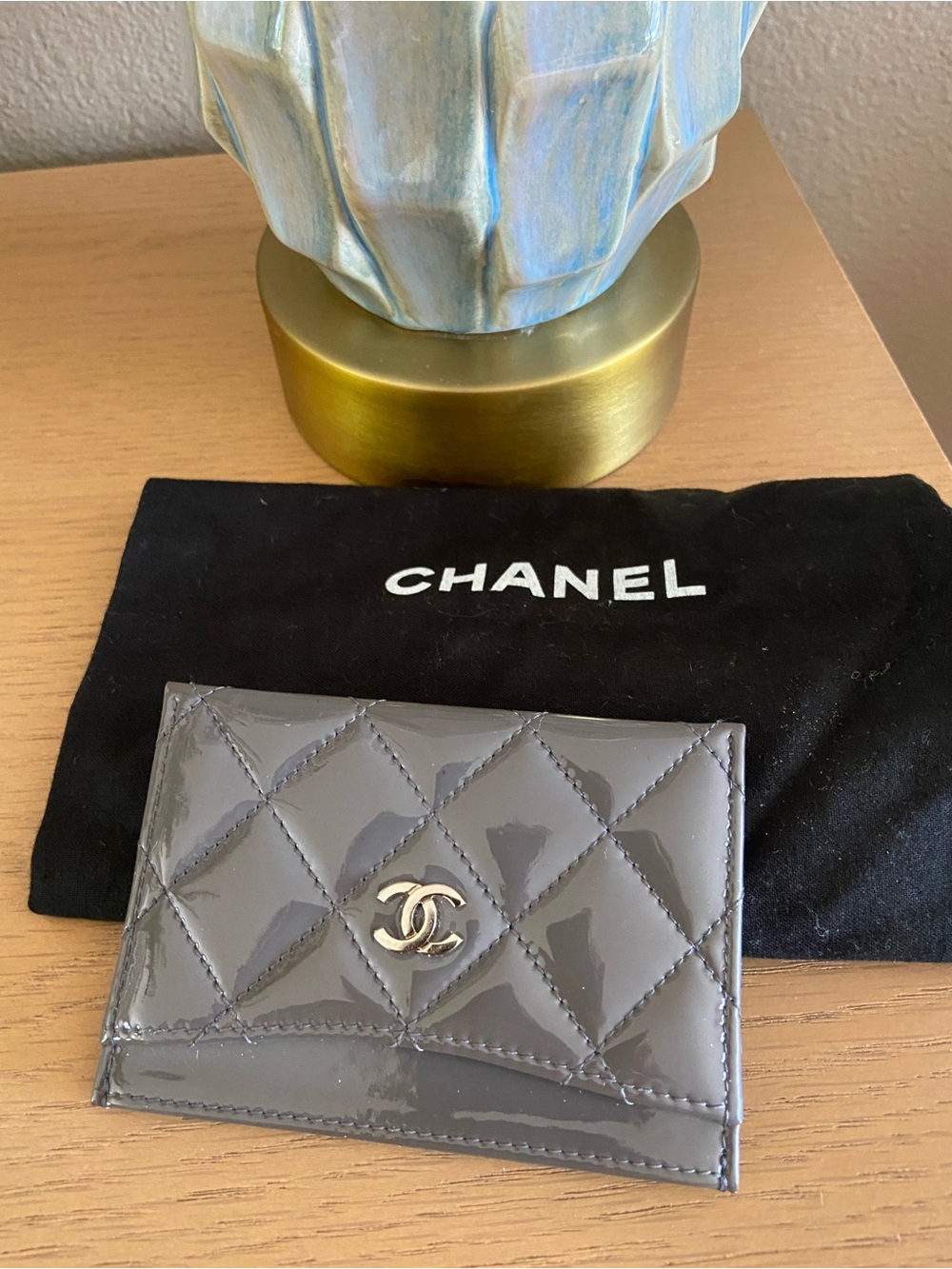Chanel Classic Quilted Gray Patent Card Holder With Silver Hardware